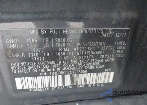 2012 Subaru Outback 2.5I Premium from USA, damaged, VIN 4S4BRBGC7C3238050